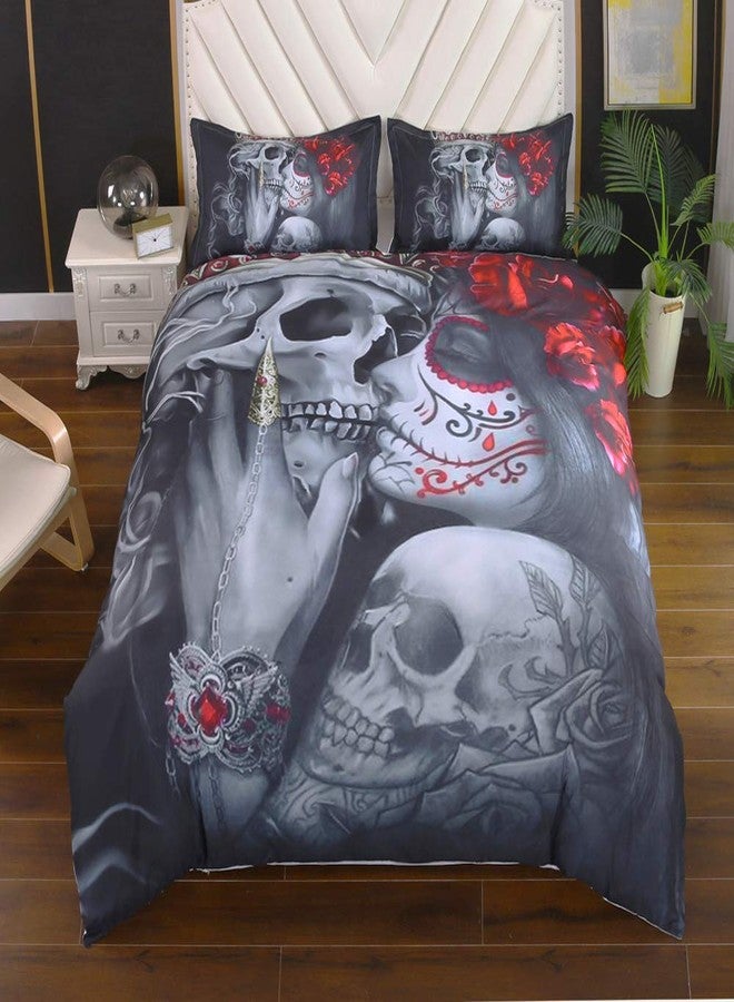 Suncloris, Bedding Duvet Cover Sets, 3D Dead Sugar Skull Girl Kissing Skull Home Bedding Set.Included: Duvet Cover,Pillowcase(no Comforter Inside) (Queen) - Image 2
