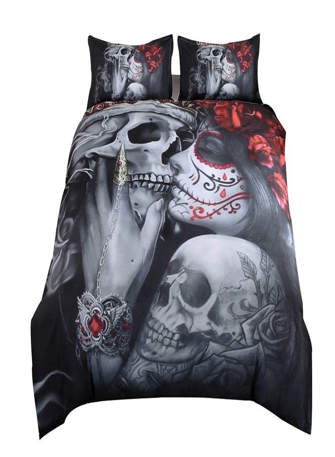 Suncloris, Bedding Duvet Cover Sets, 3D Dead Sugar Skull Girl Kissing Skull Home Bedding Set.Included: Duvet Cover,Pillowcase(no Comforter Inside) (Queen) - Image 1