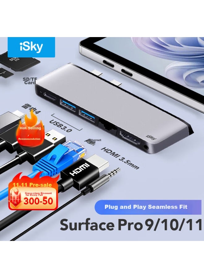 Isky Microsoft Surface Pro 9/10/11 Expansion Dock, Thunderbolt 4 High-speed Transfer, Usb 3.0 Converter, Rj45 Network Port Adapter, Hdmi High-definition 4k Expansion Dock, Eight-in - Image 1