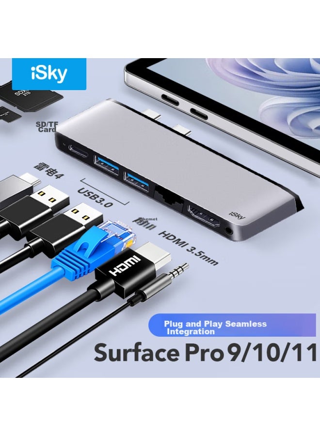 Isky Microsoft Surface Pro 9/10/11 Expansion Dock, Thunderbolt 4 High-speed Transfer, Usb 3.0 Converter, Rj45 Network Port Adapter, Hdmi High-definition 4k Expansion Dock, Eight-in - Image 2