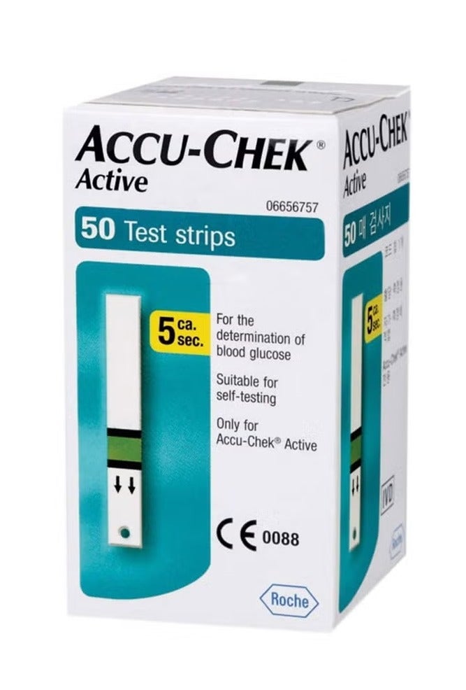 شرائط اختبار Accu-Chek Active لاختبار نسبة السكر في الدم لمرضى السكري، عبوة من 50 شريطًا