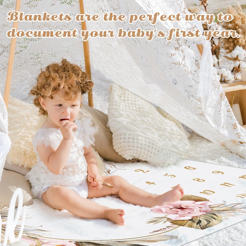 Chumia Baby Monthly Milestone Blanket for Girl Boy 59"x39" Floral Boho Photo Prop Blanket Baby Age Milestone with Felt Wreath Frame - Image 5