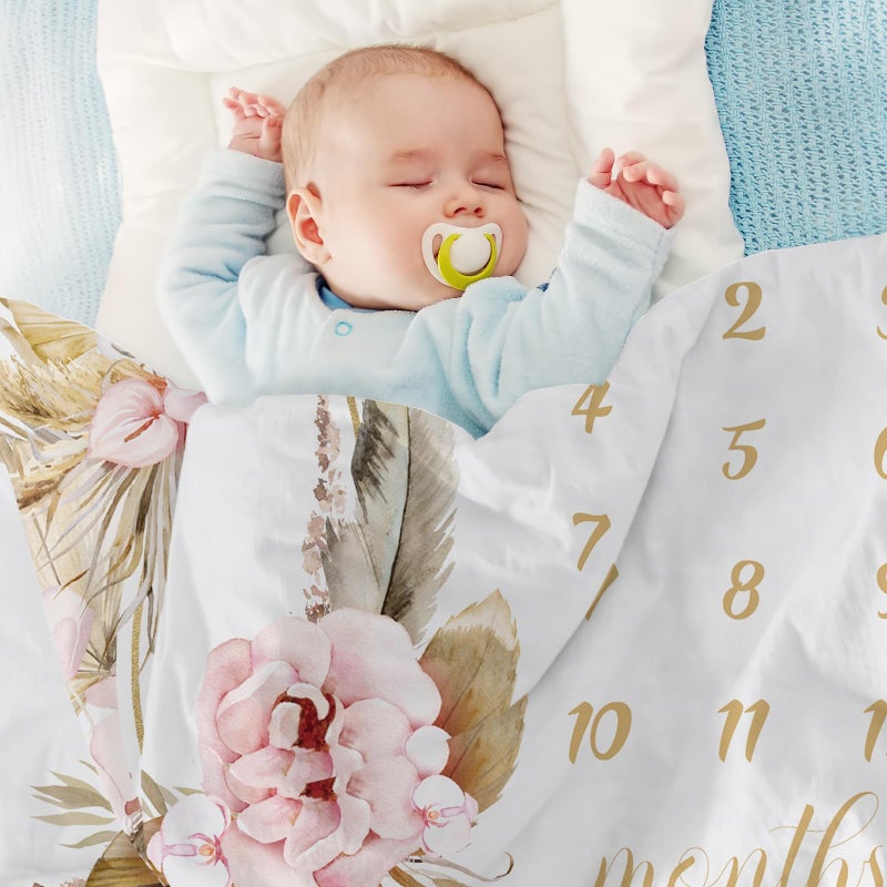 Chumia Baby Monthly Milestone Blanket for Girl Boy 59"x39" Floral Boho Photo Prop Blanket Baby Age Milestone with Felt Wreath Frame - Image 4