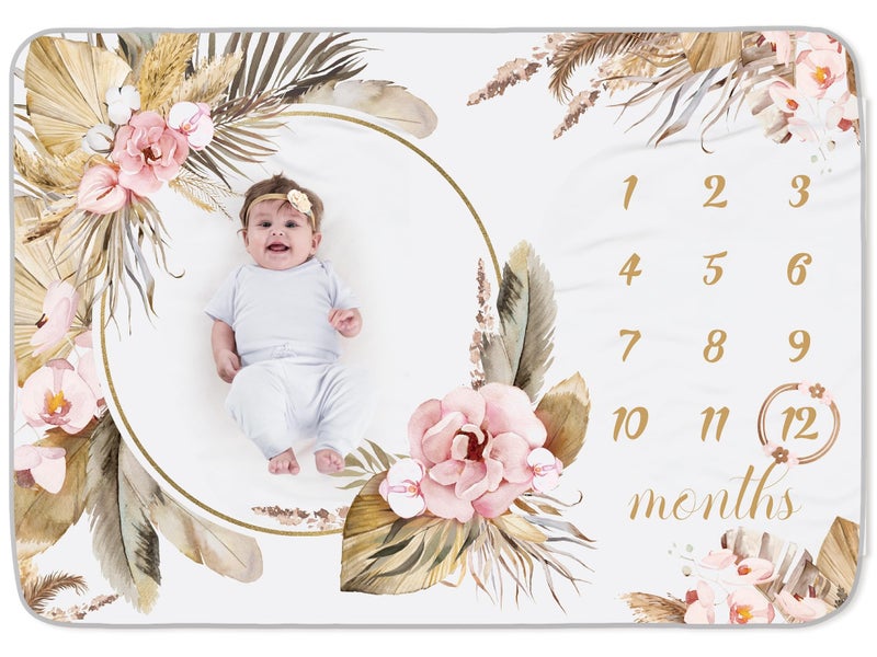 Chumia Baby Monthly Milestone Blanket for Girl Boy 59"x39" Floral Boho Photo Prop Blanket Baby Age Milestone with Felt Wreath Frame - Image 1