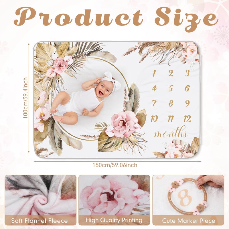 Chumia Baby Monthly Milestone Blanket for Girl Boy 59"x39" Floral Boho Photo Prop Blanket Baby Age Milestone with Felt Wreath Frame - Image 2