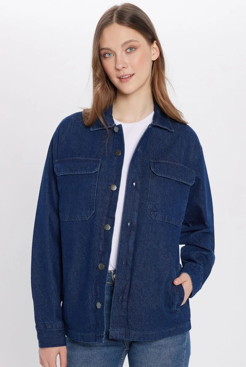 تودورس Unisex Relax Fit Casual Cut Denim Flap Double Pocket Navy Blue Jacket Shirt