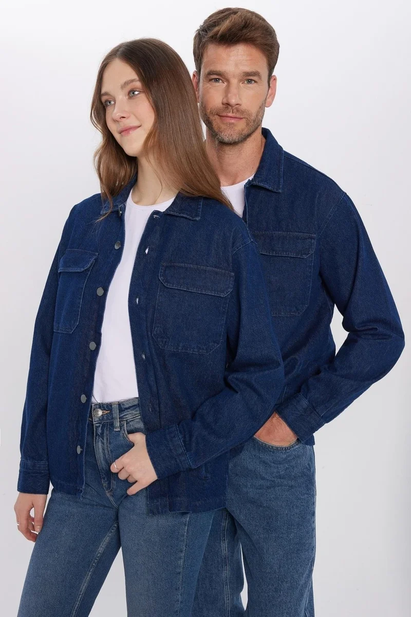 تودورس Unisex Relax Fit Casual Cut Denim Flap Double Pocket Navy Blue Jacket Shirt