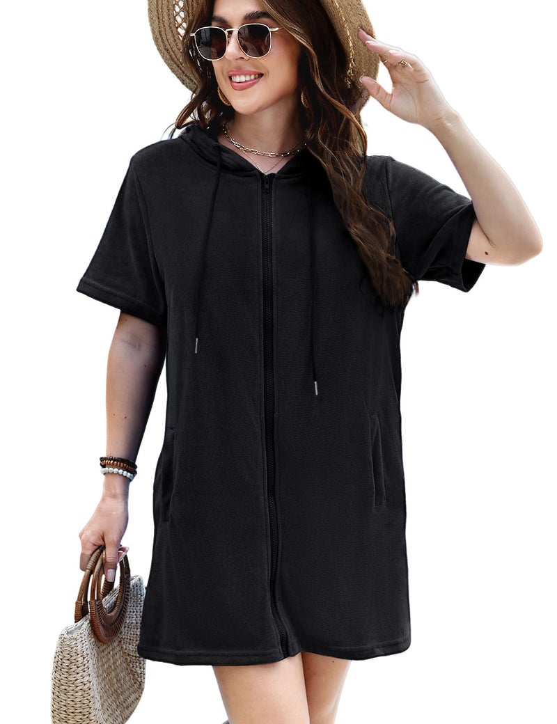 Gihuo Terry Cloth Swim Cover Up for Women Swimsuit Beach Bathing Swimwear Coverup Pool Towel Robe(Black-L) - Image 1