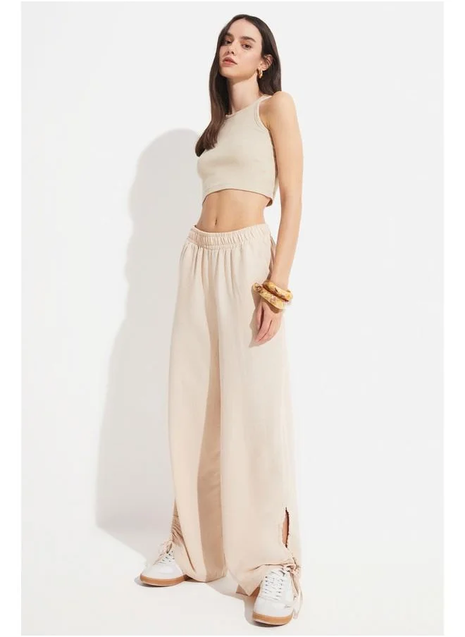 JUNE June Women Elastic Waist Wide Leg Trouser Stone