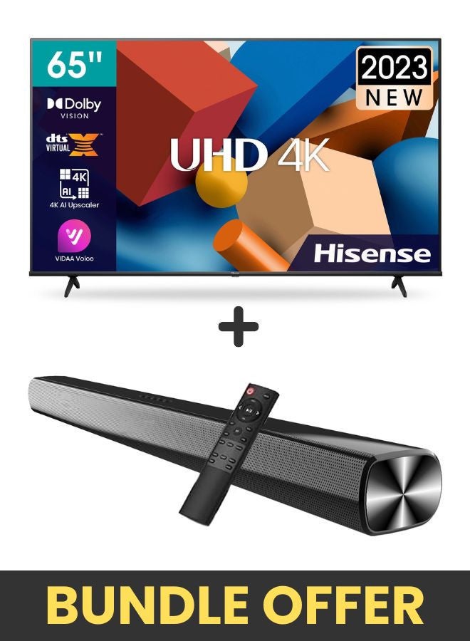 65 Inch 4K UHD LED Smart TV, HDR, DTS, Virtual X, and Wi Fi With 2.0 Channel Soundbar 30W, HDMI ARC, Bluetooth, USB, MP3, FM Station 65A61K+SOUNDBAR Black