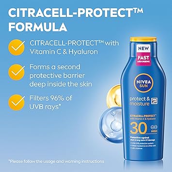 NIVEA SUN Protect Moisture Sun Cream Lotion SPF 30 400 ml Sun Lotion with Vitamin C and Hyaluron Provides 48H Moisture and Immediate UVA UVB Protection WaterResistant Leaves No White Cast - Image 3