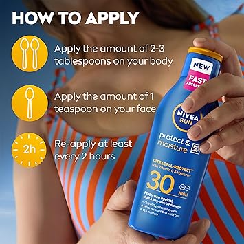NIVEA SUN Protect Moisture Sun Cream Lotion SPF 30 400 ml Sun Lotion with Vitamin C and Hyaluron Provides 48H Moisture and Immediate UVA UVB Protection WaterResistant Leaves No White Cast - Image 4