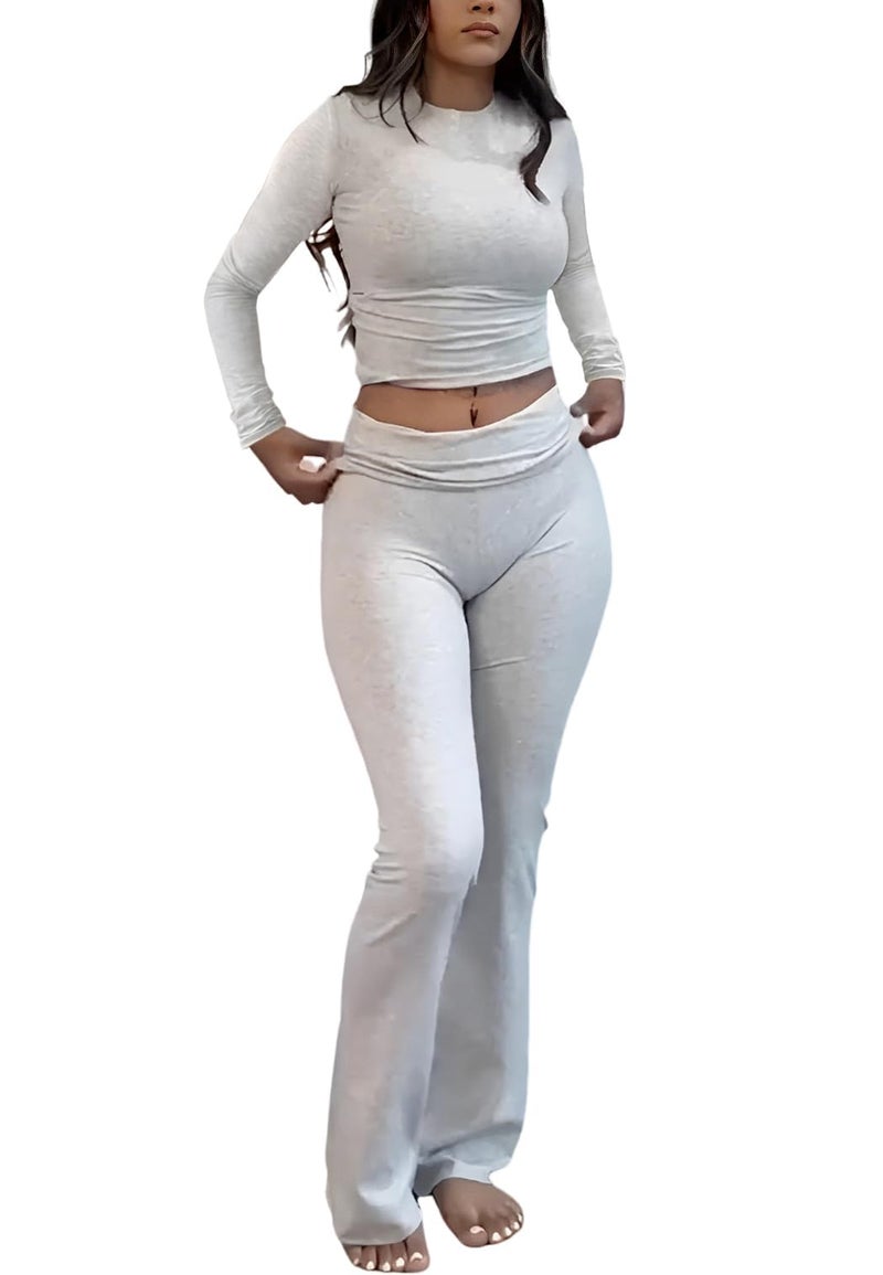 ZFLM Casual Workout Two Piece Outfits Long Sleeve High Waist Fold-Over Flared Leggings Pants Tracksuit Sets Streetwear - Image 1