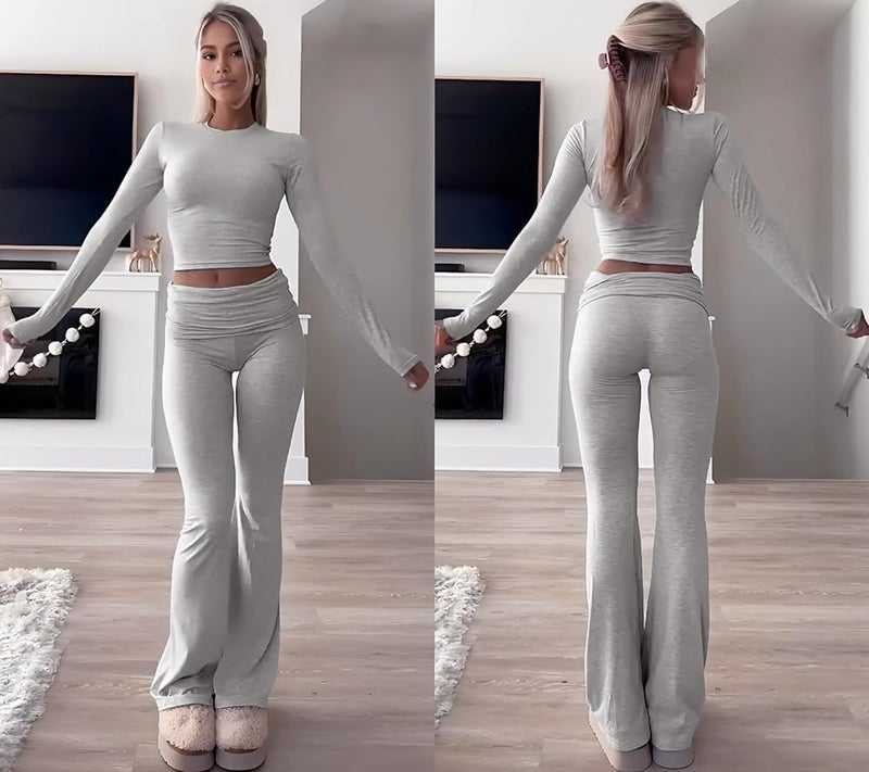 ZFLM Casual Workout Two Piece Outfits Long Sleeve High Waist Fold-Over Flared Leggings Pants Tracksuit Sets Streetwear - Image 2