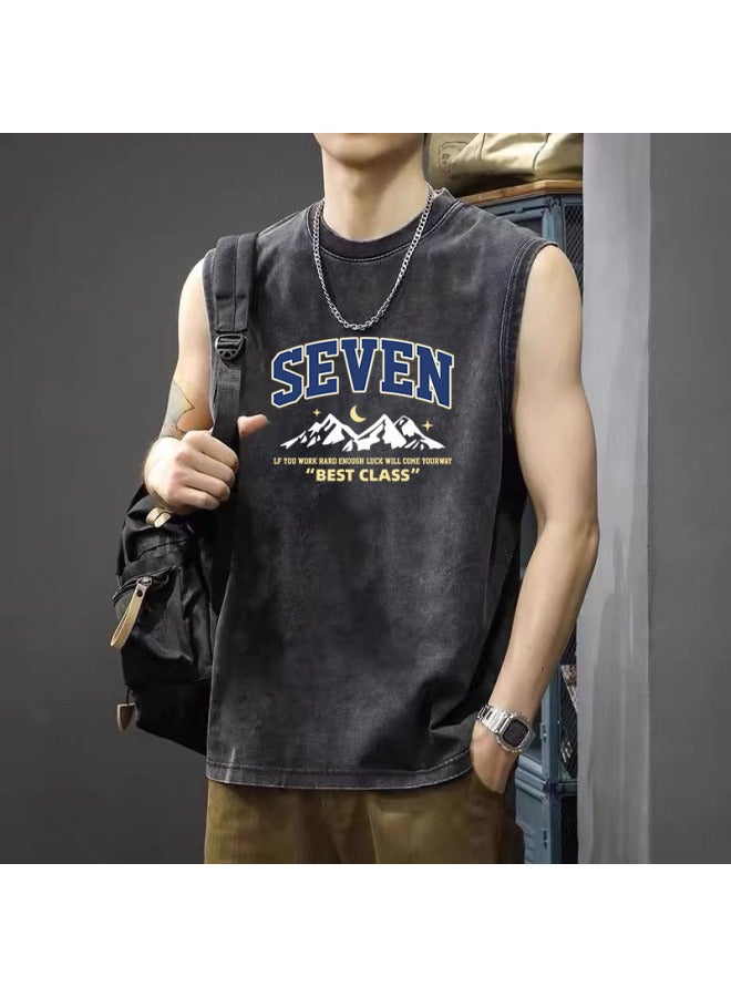 American High Street Retro Washed Distressed Sports Tank Top Trendy Brand Sleeveless Vest Loose Casual Fitness Short Sleeve