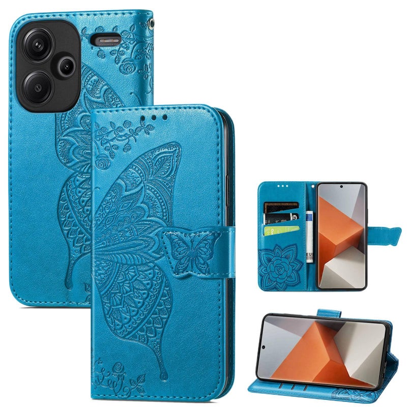 Leather Texture Protective Case for Redmi Note 13 with Kickstand and Full Coverage plus Flip Cover plus Embossed Pattern in Blue - Image 1