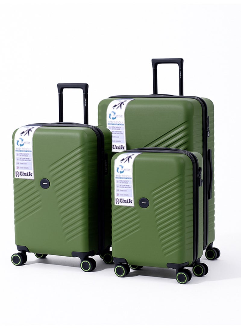 يونيك مجموعة حقائب سفر متينة من 3 قطع مصنوعة من مادة ABS ذات جوانب صلبة وعجلات دوارة، باللون الأخضر