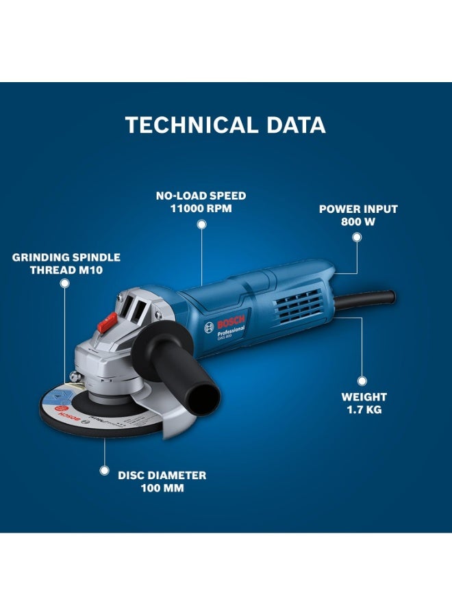 بوش BOSCH Professional GWS 800 Angle Grinder | 800W Power | No-load Speed of 11000 RPM | Versatile Cutting and Grinding Tool | M10 Grinding Spindle Thread | 100 mm Disc | 1 Year Warranty - Image 3