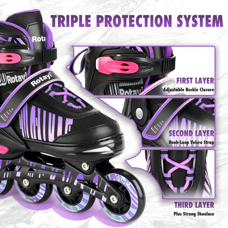 Rotayi Girls Inline Skates Ages 5-8 8-12, Adjustable Light Up Wheels Roller Skates Blades for Kids and Adults Women, Outdoor Roller Skates for Youth Teens, Purple - Image 3