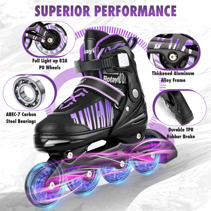 Rotayi Girls Inline Skates Ages 5-8 8-12, Adjustable Light Up Wheels Roller Skates Blades for Kids and Adults Women, Outdoor Roller Skates for Youth Teens, Purple - Image 5