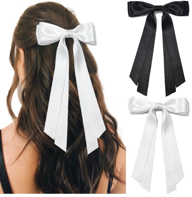 Womens Hair Accessories Set Cute Hair Bows Clips Ribbons Knot Barrettes and Tassels in Black and White