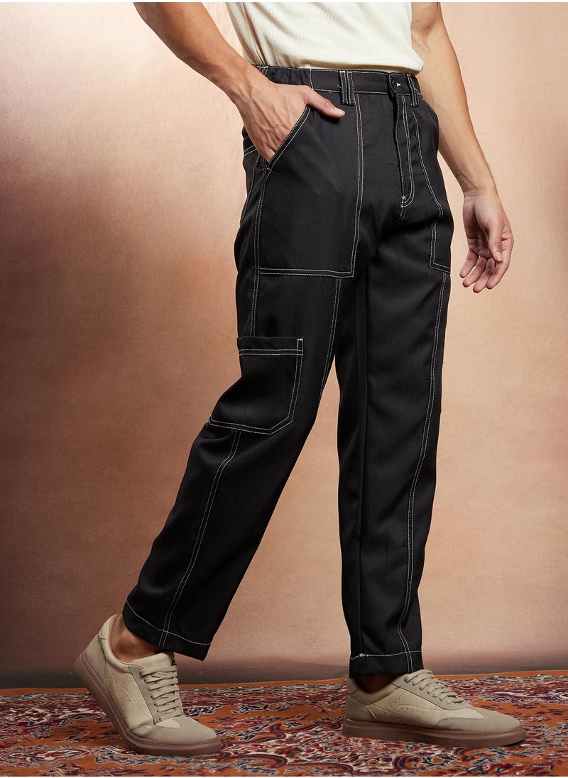 Campus Sutra Campus Sutra Men's Onyx Black Contrast-Stitch Carpenter Utility Trousers For Casual Wear | Mid-Rise | Straight Fit | Button Closure | Trousers Crafted With Comfort Fit For Everyday Wear  - Image 3