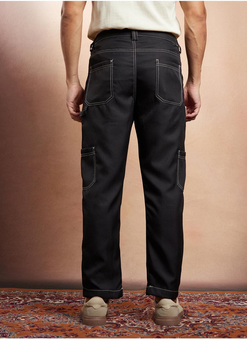 Campus Sutra Campus Sutra Men's Onyx Black Contrast-Stitch Carpenter Utility Trousers For Casual Wear | Mid-Rise | Straight Fit | Button Closure | Trousers Crafted With Comfort Fit For Everyday Wear  - Image 5