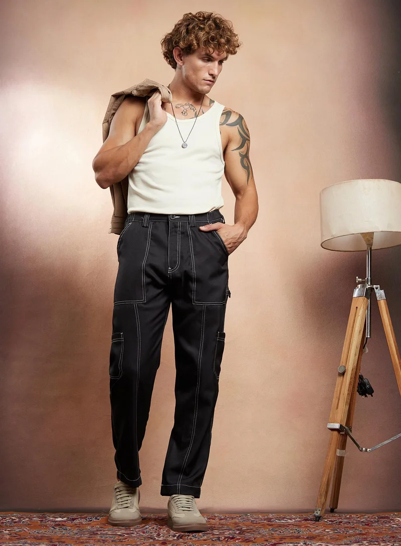 Campus Sutra Campus Sutra Men's Onyx Black Contrast-Stitch Carpenter Utility Trousers For Casual Wear | Mid-Rise | Straight Fit | Button Closure | Trousers Crafted With Comfort Fit For Everyday Wear