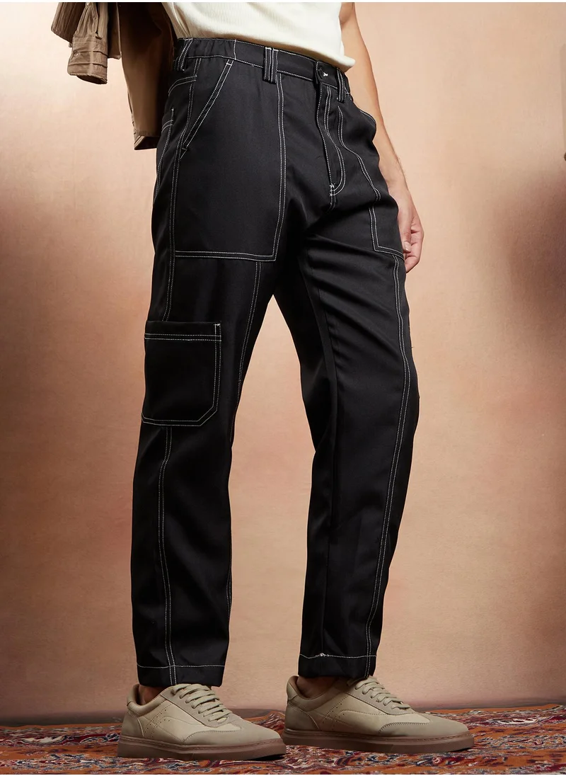 كامبوس سوترا Campus Sutra Men's Onyx Black Contrast-Stitch Carpenter Utility Trousers For Casual Wear | Mid-Rise | Straight Fit | Button Closure | Trousers Crafted With Comfort Fit For Everyday Wear