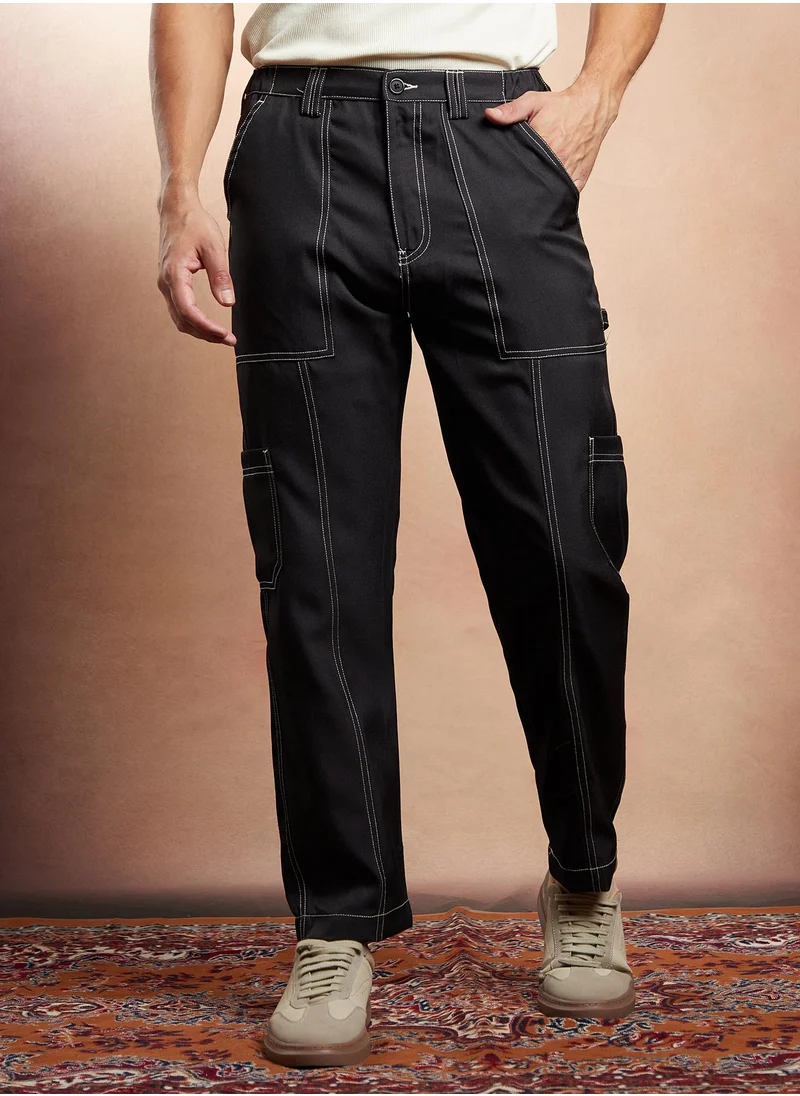 كامبوس سوترا Campus Sutra Men's Onyx Black Contrast-Stitch Carpenter Utility Trousers For Casual Wear | Mid-Rise | Straight Fit | Button Closure | Trousers Crafted With Comfort Fit For Everyday Wear