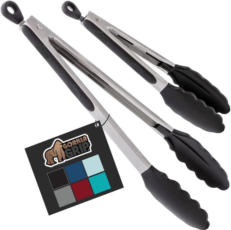 GORILLA GRIP Stainless Steel Heat Resistant Kitchen Tongs for Cooking, 9 + 12 Inch, Set of 2 BBQ Tong, Non Scratch Silicone Tip for Pan, Strong Grip, Grab Food, Toss Salad, Air Fryer, Pull Lock, Black - Image 1