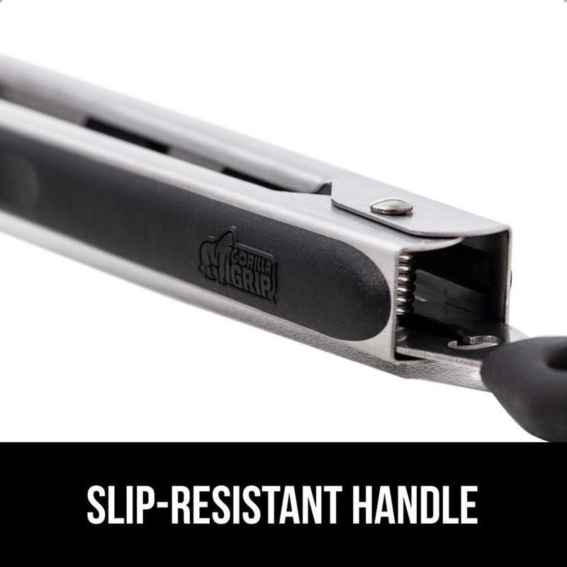 GORILLA GRIP Stainless Steel Heat Resistant Kitchen Tongs for Cooking, 9 + 12 Inch, Set of 2 BBQ Tong, Non Scratch Silicone Tip for Pan, Strong Grip, Grab Food, Toss Salad, Air Fryer, Pull Lock, Black - Image 4