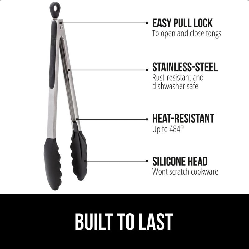GORILLA GRIP Stainless Steel Heat Resistant Kitchen Tongs for Cooking, 9 + 12 Inch, Set of 2 BBQ Tong, Non Scratch Silicone Tip for Pan, Strong Grip, Grab Food, Toss Salad, Air Fryer, Pull Lock, Black - Image 2