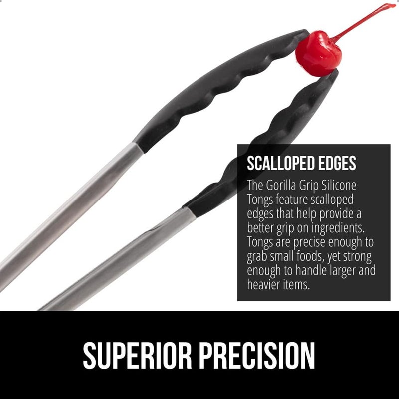 GORILLA GRIP Stainless Steel Heat Resistant Kitchen Tongs for Cooking, 9 + 12 Inch, Set of 2 BBQ Tong, Non Scratch Silicone Tip for Pan, Strong Grip, Grab Food, Toss Salad, Air Fryer, Pull Lock, Black - Image 3