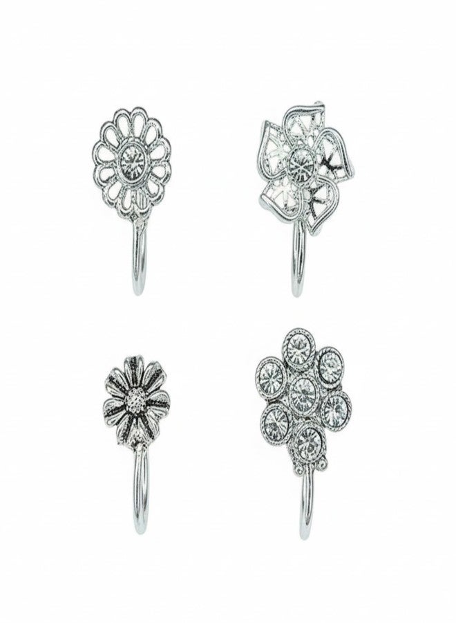 Jwella Set of 4 Silver Plated Floral Kundan Nose Pin for Women and Girls, Elegant Ethnic Nosepin Jewellery with Traditional Design, Lightweight Nose Ring Accessory - Image 1