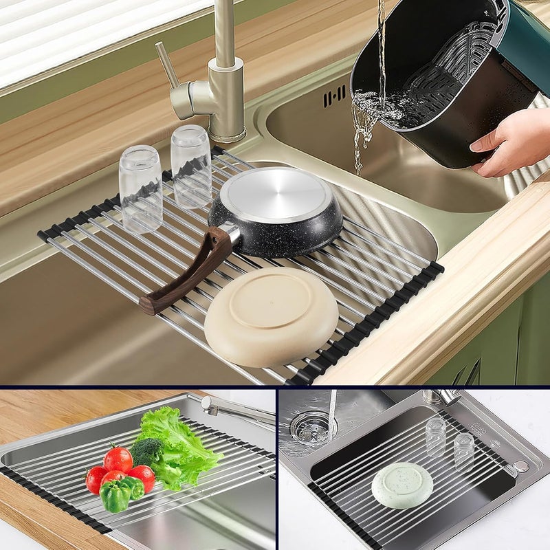 Snevad Dish Drying Rack Over The Sink Kitchen Roll Up Sink Drying Rack Stainless Steel Sink Drying Rack Foldable Portable Multipurpose Rolling Dish Rack Mat with Silicone Grip Multicolor Large - Image 5