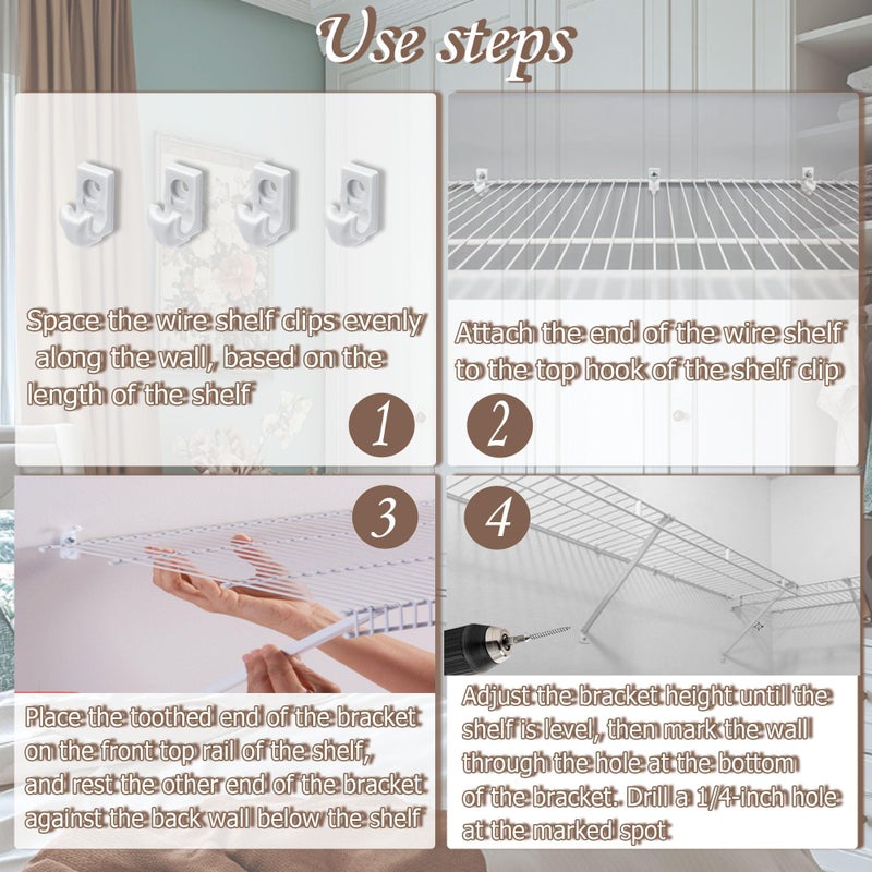 Ojeemii 6PCS 12 Inch Wire Shelf Brackets, Heavy Duty Wire Shelving Support Brackets, Closet Rack Support with 4 PCS Wire Shelf Clips, Closet Wire Shelf Support Brackets for Laundry, Closet, Garage - Image 5