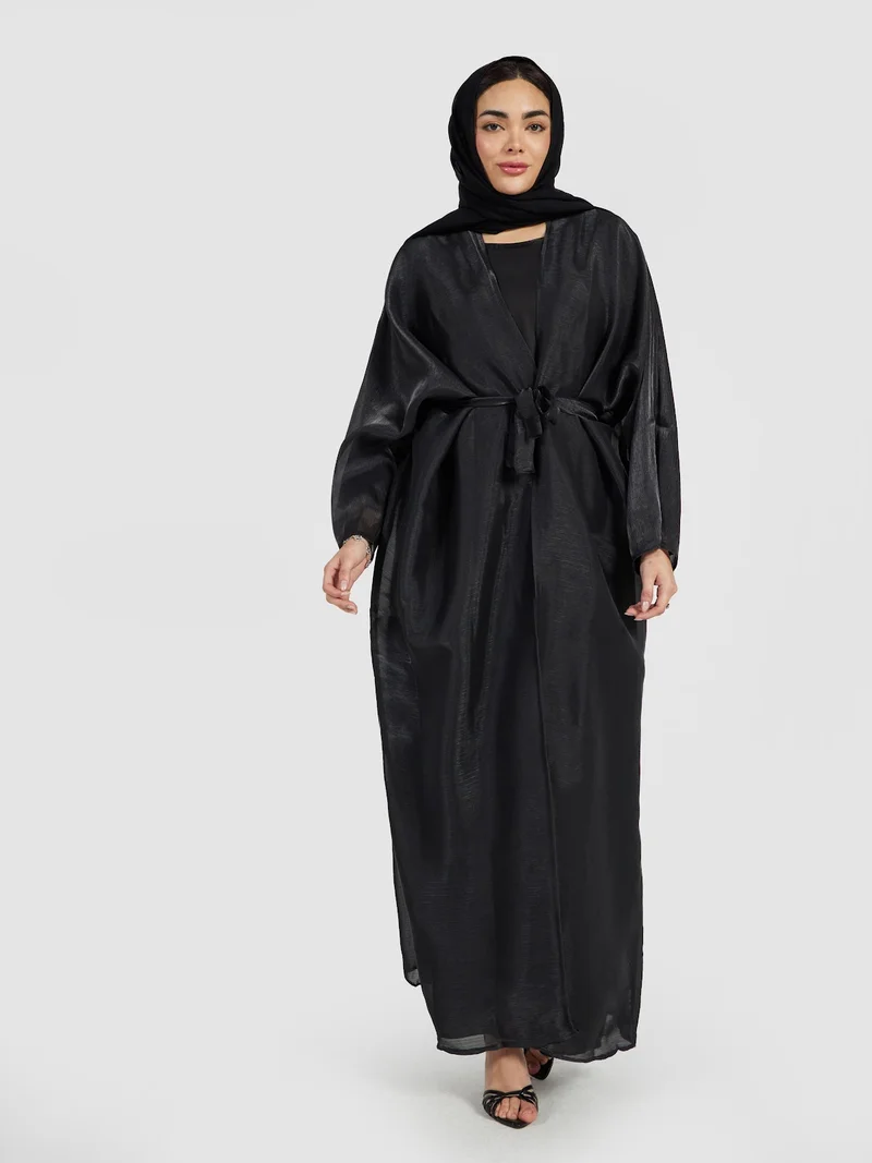 عباءات ريم Shimmering Black Organza Layered Abaya with Tie Waist