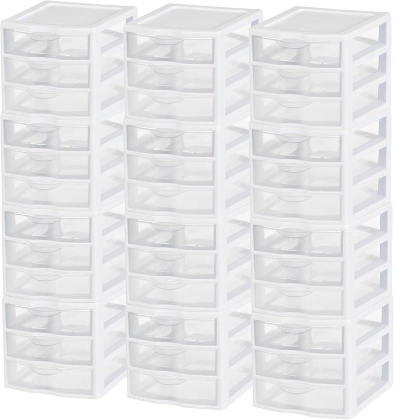 Sterilite 12-Pack ClearView 3-Drawer Cart, Small Plastic Storage Organizer Drawers, White - Organizing Drawer Containers for Bathroom, Closet, Kitchen, and Bedroom - Image 1