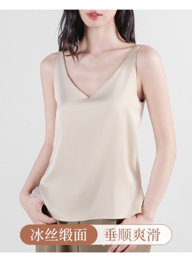 Moonbadi Thin And Breathable V-Neck Ice Silk Satin Camisole For Women, With Double Thin Straps, Stylish Back Design, Smooth And Slimming, Suitable For Outer Wear - Image 1
