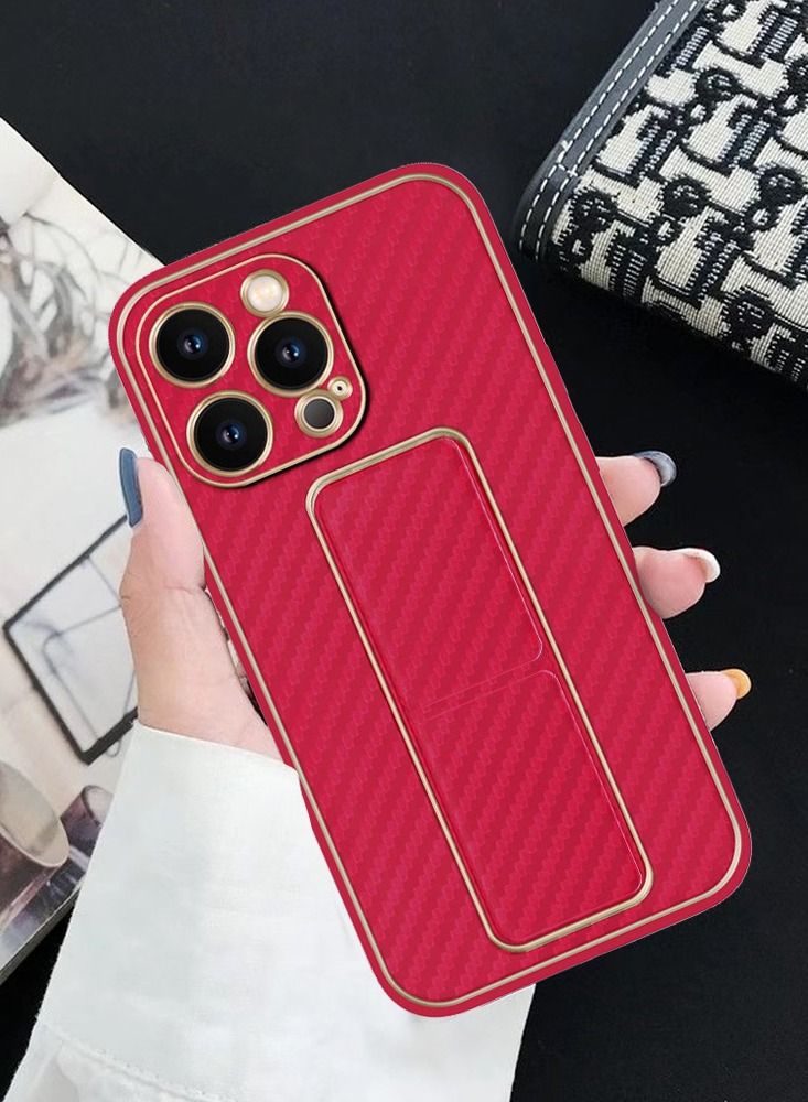 CATANES iPhone 13 Pro Max Carbon Fiber Texture Case Cover with Finger Grip Loop and Foldable Stand Red - Image 3