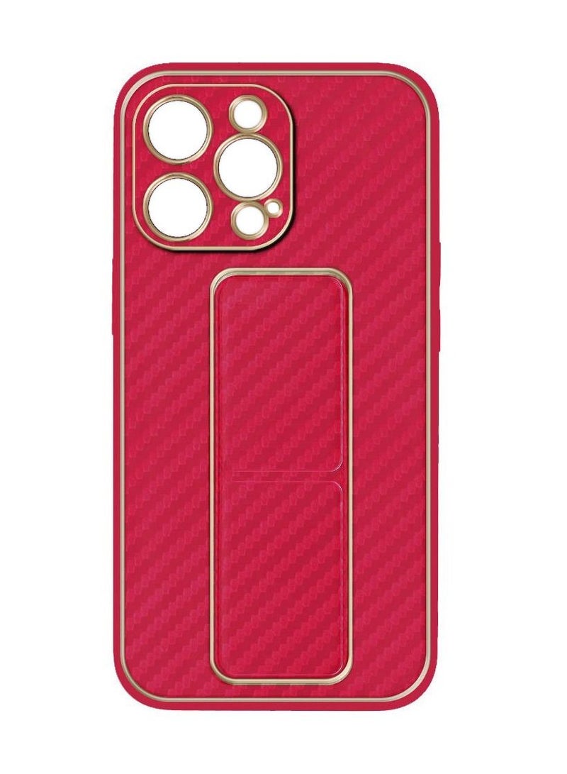 CATANES iPhone 13 Pro Max Carbon Fiber Texture Case Cover with Finger Grip Loop and Foldable Stand Red - Image 2