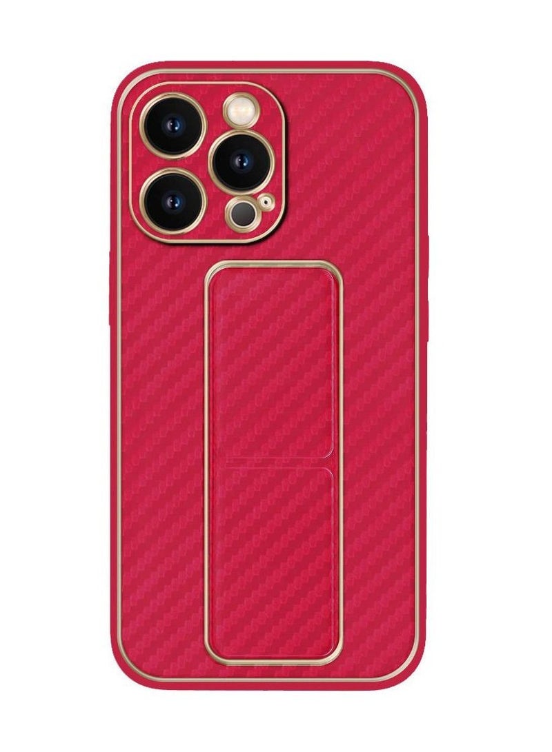 CATANES iPhone 13 Pro Max Carbon Fiber Texture Case Cover with Finger Grip Loop and Foldable Stand Red - Image 1