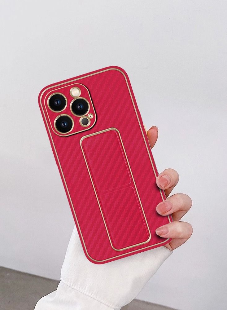 CATANES iPhone 13 Pro Max Carbon Fiber Texture Case Cover with Finger Grip Loop and Foldable Stand Red - Image 4