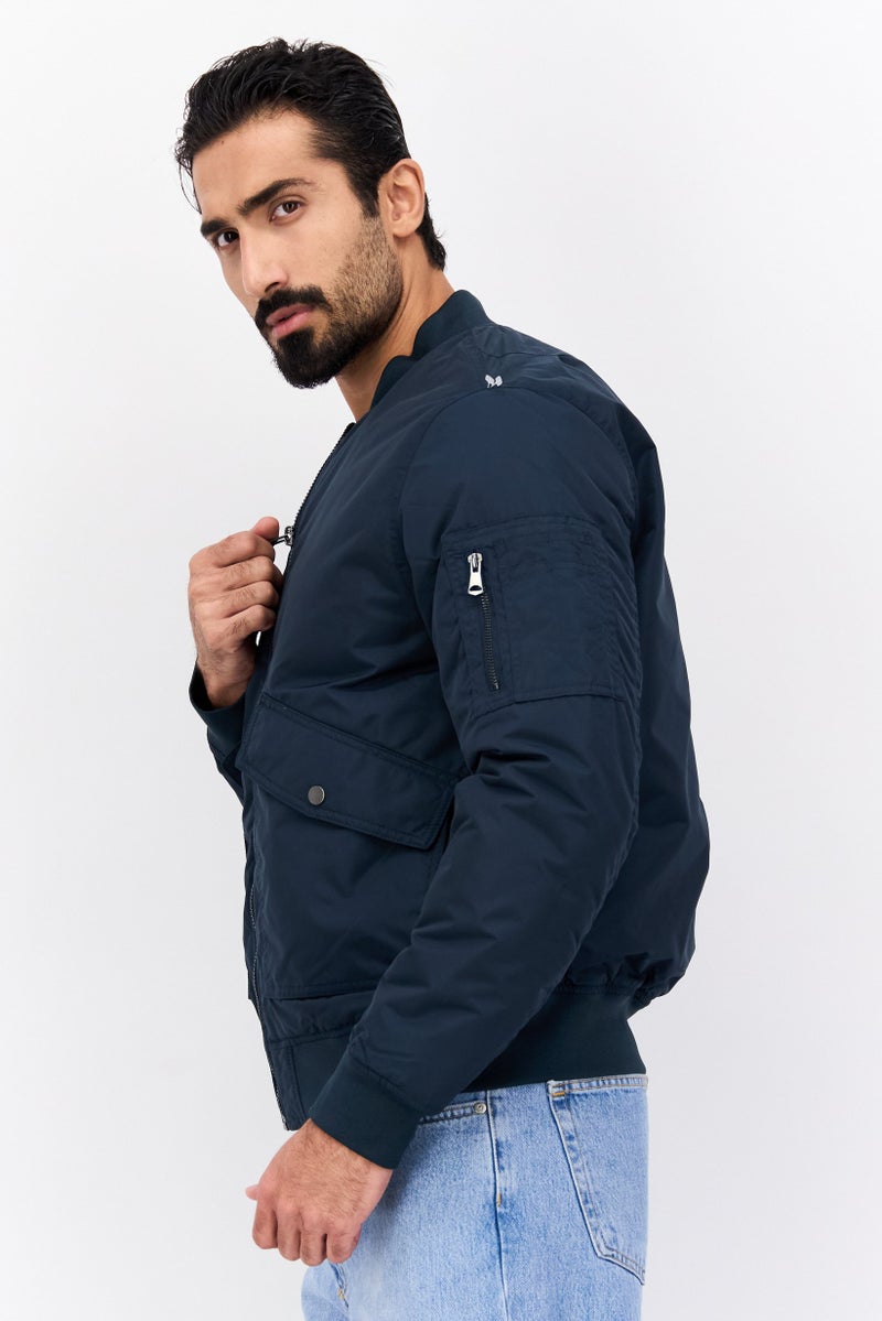 Celio Men Band Collar Solid Bomber Jacket, Dark Navy - Image 2