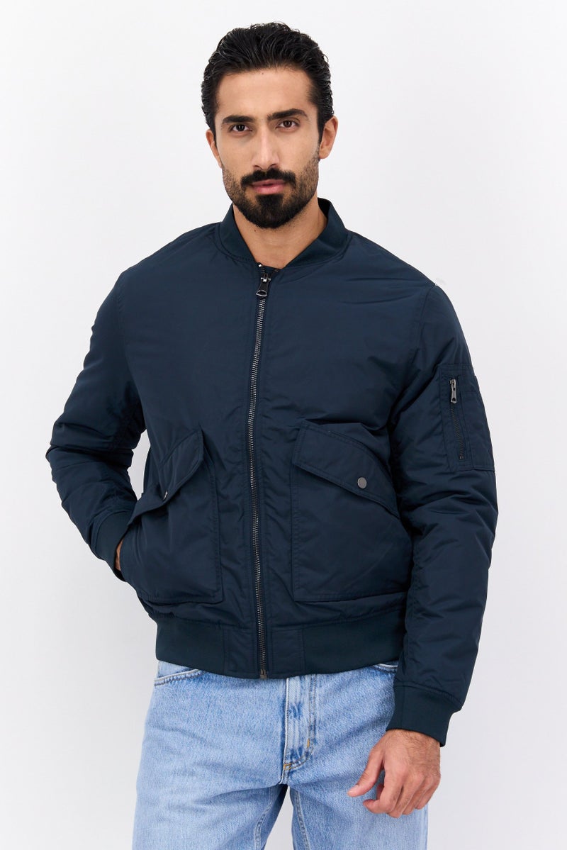 Celio Men Band Collar Solid Bomber Jacket, Dark Navy - Image 1