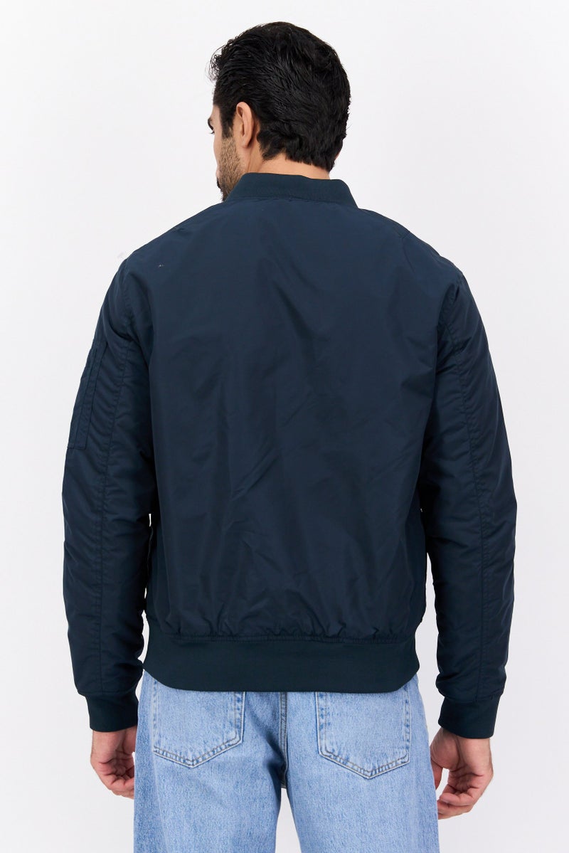 Celio Men Band Collar Solid Bomber Jacket, Dark Navy - Image 3