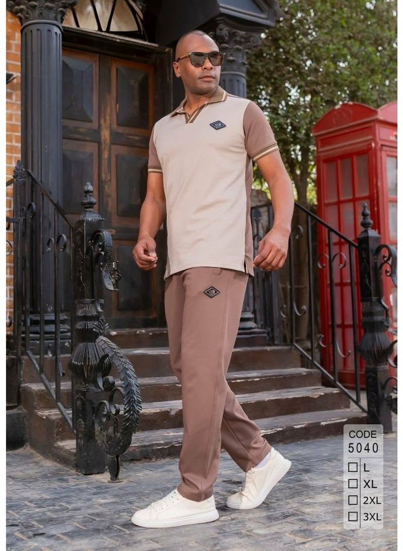 Men's summer tracksuit, premium cotton - stylish and chic design, brown color - size XL - Image 3