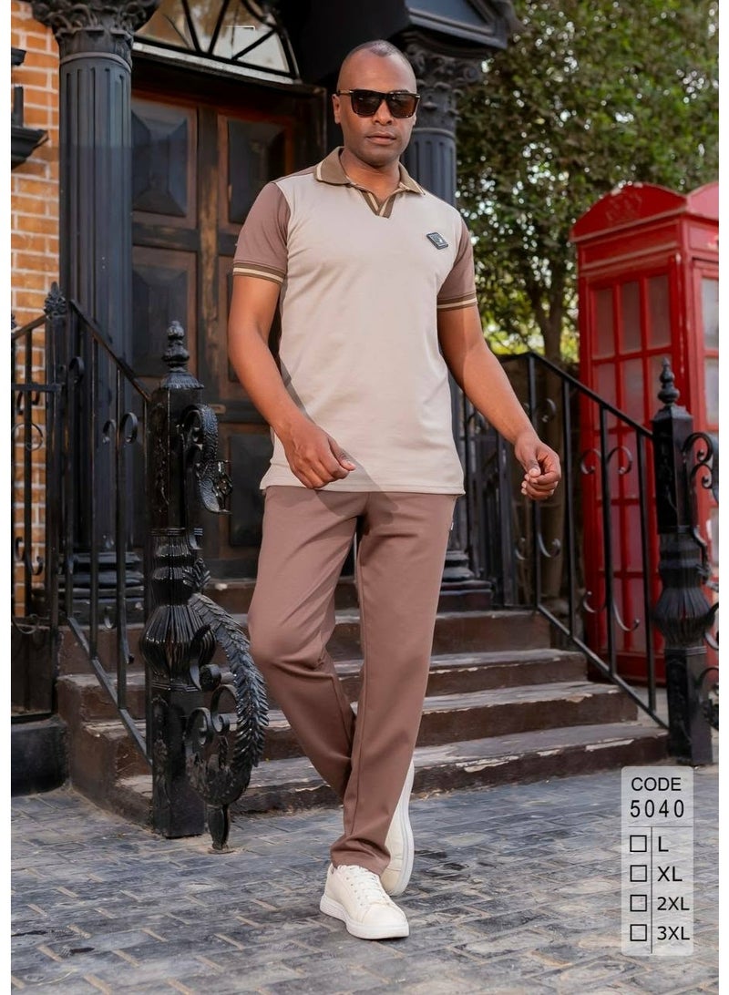 Men's summer tracksuit, premium cotton - stylish and chic design, brown color - size XL - Image 4