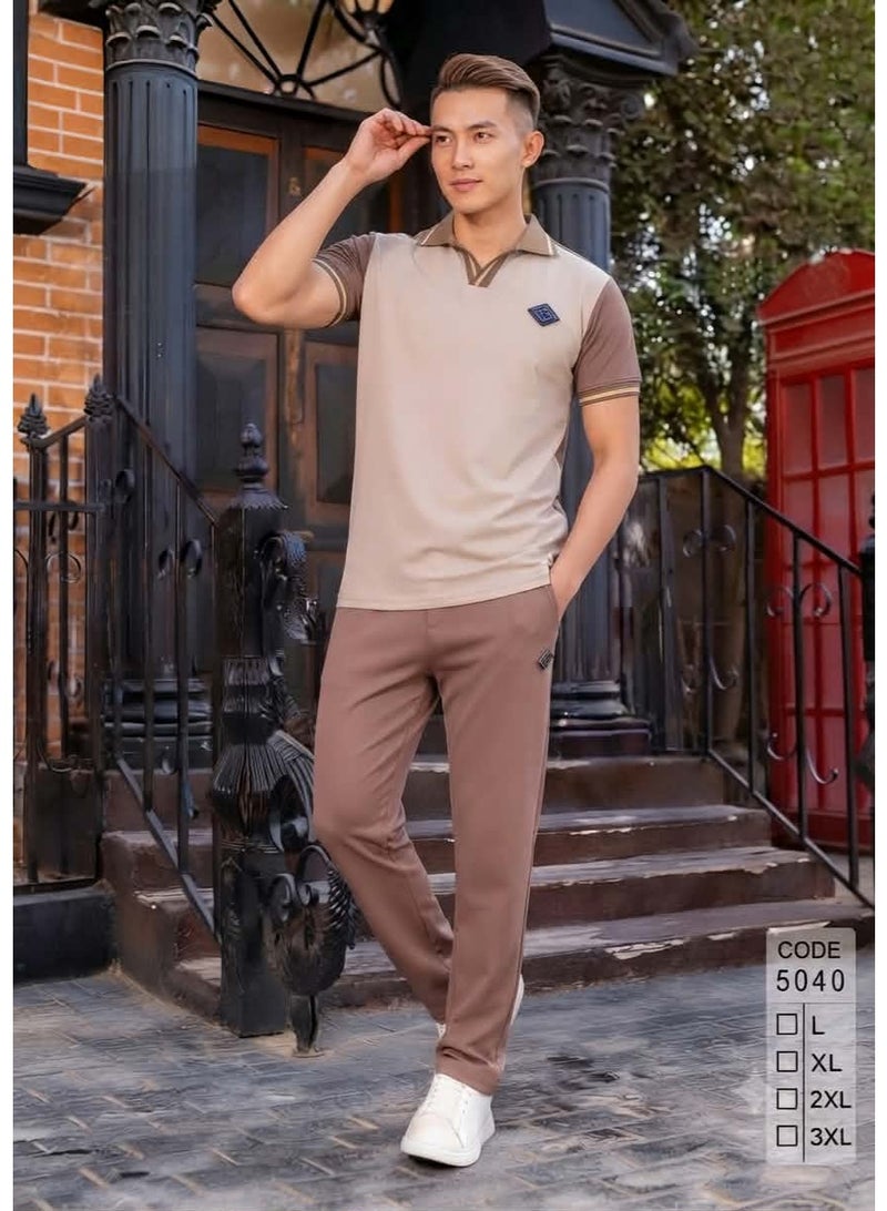 Men's summer tracksuit, premium cotton - stylish and chic design, brown color - size XL - Image 1